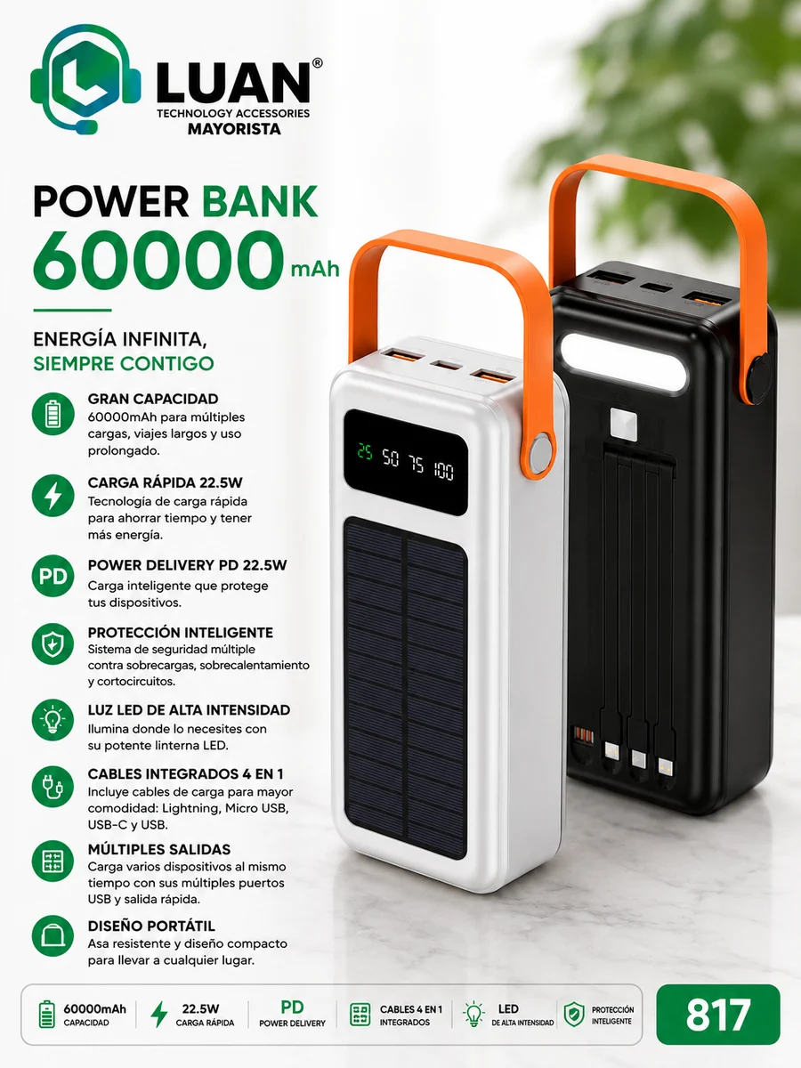 CARGA RÁPIDA - FAST CHARGING, SMART PROTECTION, LED LIGHT ILLUMINATION, BUILT-IN 4 CABLES POWER BANK 60000 MAH