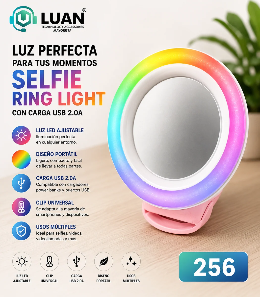 ARO DE LUZ SELFIE CON ESPEJO USB 2.0A