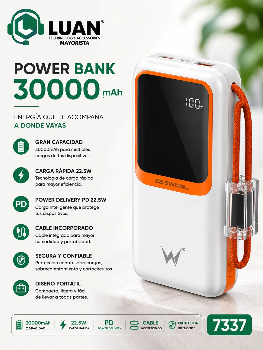 POWER BANK 30000MAH CARGA RAPIDA 22.5W