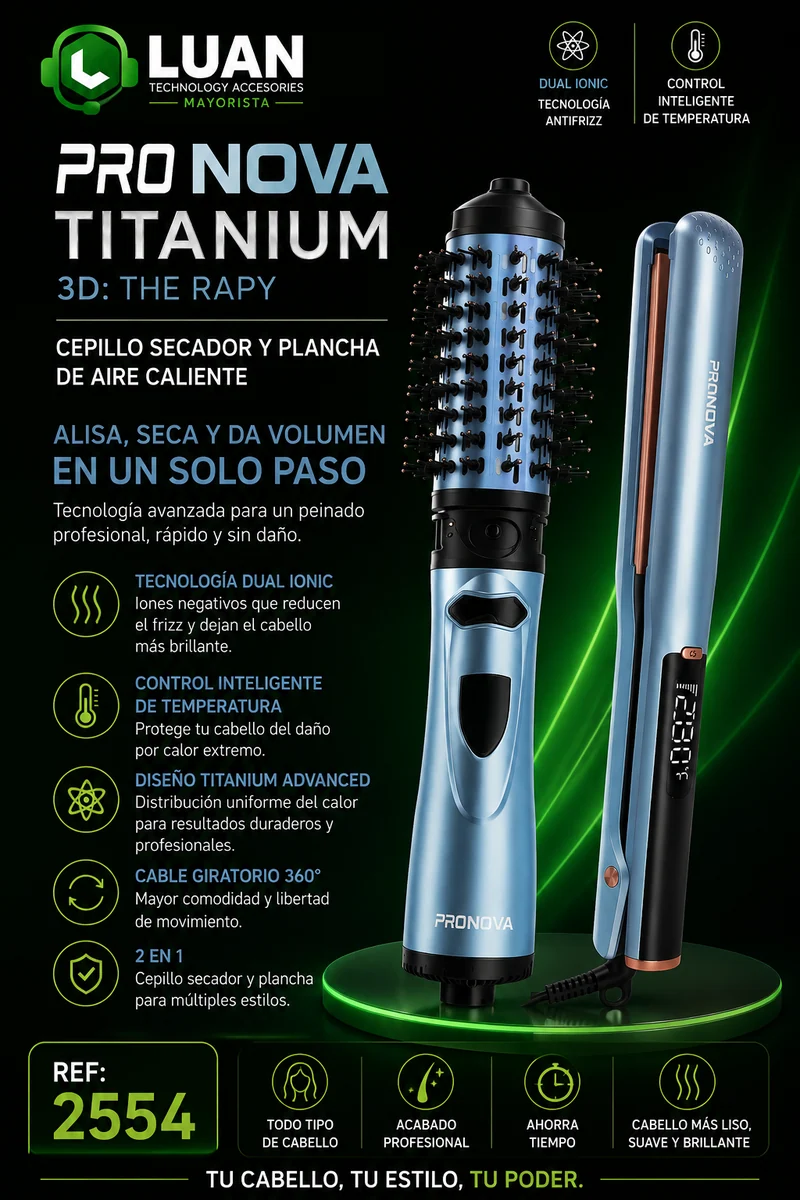 COMBO CEPILLO SECADOR Y PLANCHA PRONOVA TITANIUM 3D