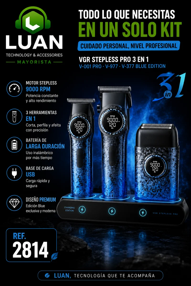 COMBO MAQUINA PELUQUERIA VGR STEPLESS PRO 3 EN 1